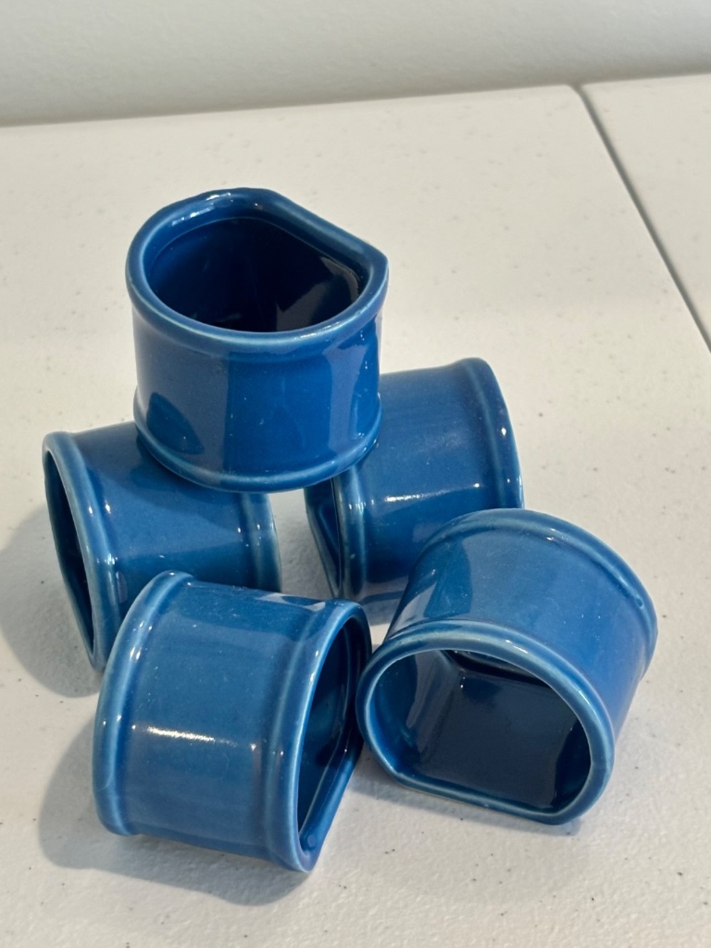 Vintage Blue Ceramic or glazed porcelain Napkin Rings - Set of 5 glossy blue